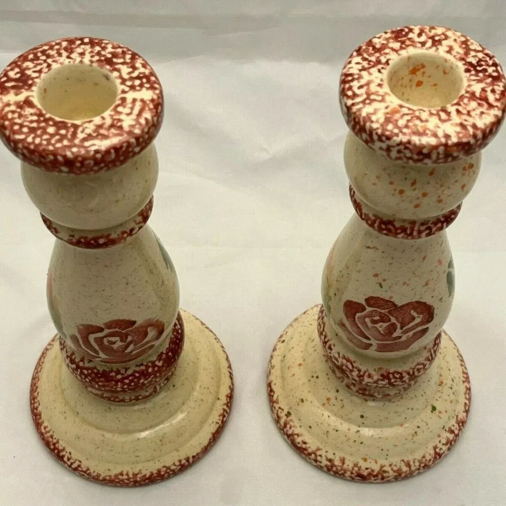 Primitive Spongeware Pink Rose Candlesticks, Set of 2, Farmhouse Cottagecore EUC